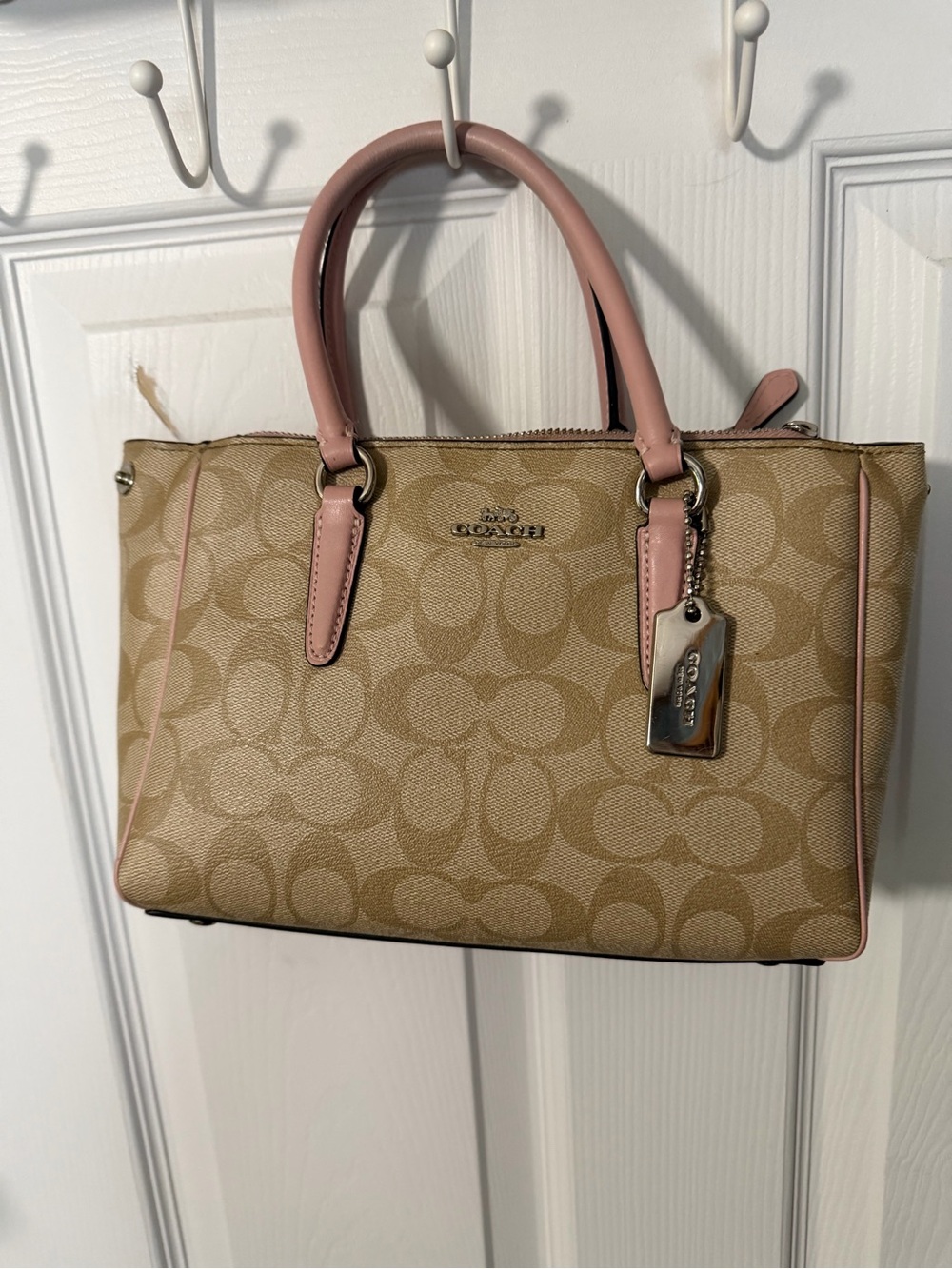 Coach Khaki Canvas Satchel with Pink Trim